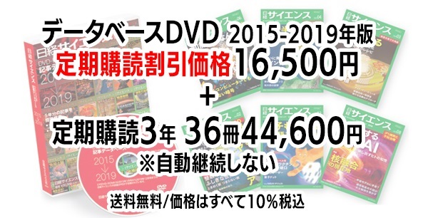 日経サイエンス 記事データベース  2015-2019＋日経サイエンス定期購読（自動継続しない）(DVD2015-2019年版 （16,500円）-定期購読3年36冊 （44,600円）-61,100円（税込）)